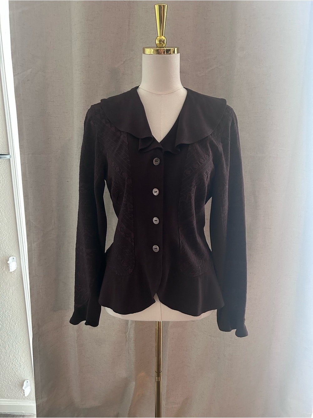 Coldwater Creek Dark Brown Button-Front Ruffle Collar Jacket